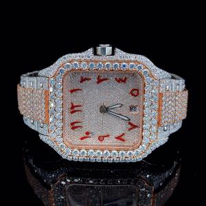 Luxury iced out diamond <b>wristwatch</b> square dial with red numeral markers rose gold accents crystal bezel silver bracelet - Product Image 1