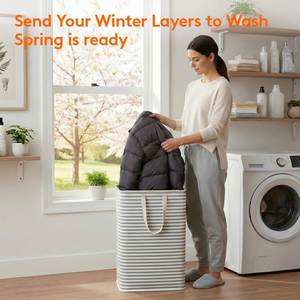 Cotton Round Wheeled Laundry <b>Basket</b> 80L Collapsible Clothes <b>Hamper</b> Reinforced Handles Freestanding Waterproof - Product Image 2