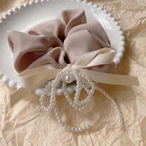 Coleteros <span class=keywords><strong>de</strong></span> gasa elásticos <span class=keywords><strong>de</strong></span> satén con lazo <span class=keywords><strong>de</strong></span> cinta estilo ballet retro francés y perlas metálicas para mujer - Product Image 5