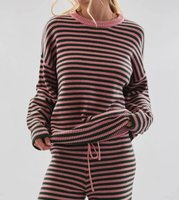 Ensemble 2 pièces tricoté pour femme : pull rayé à col rond et épaules tombantes, pantalon large à cordon de serrage – Fabricant