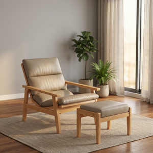 Modern Scandinavian <b>Reclining</b> Lounge <b>Chair</b> With Ottoman PU Leather Upholstery Wood Frame Living Room Furniture - Product Image 1