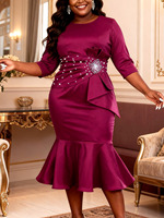 ADR060154 Robe de soirée élégante sirène moulante à manches mi-longues avec perles, grandes tailles