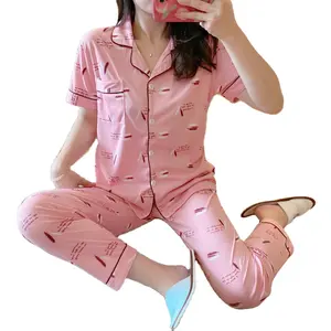 Women's two-piece home super size sleepwear milk silk cute lapel short sleeves spring summer girl cardigan set button sleepwear