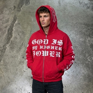 Felpa Invernale Rossa Stile Y2K, Stampa Gotica con Scritta in Strass "<span class=keywords><strong>Dio</strong></span> è la Mia Potenza Superiore", Zip Intera con Fodera Interna, Casual - Product Image 6