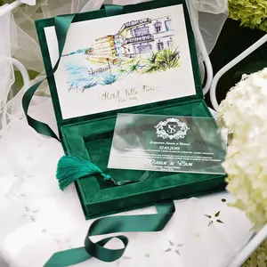Aangepaste Ontwerp Acryl Uitnodiging Fluwelen Magnetische Sluiting Box Met Kwastje Elegante Huwelijksuitnodiging Doos