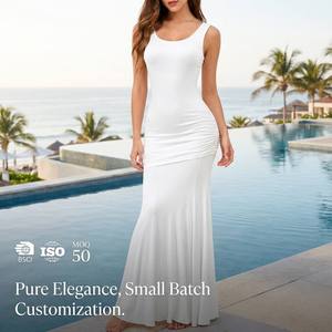 Robe de mariée sirène blanche personnalisée pour <span class=keywords><strong>femme</strong></span>, sans manches, froncée, longue, moulante, pour fiançailles, demoiselle d'honneur, soirée, coupe sirène, vente en gros - Product Image 1