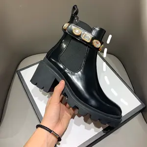 Botas de diamante de lujo Botas De tacón grueso para Mujer, botines sexys De cuero negro a la moda, 2022