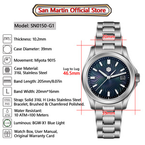 <span class=keywords><strong>San</strong></span> <span class=keywords><strong>Martin</strong></span> นาฬิกาผู้ชาย guilloche ขนาด39มม., นาฬิกา Gada Miyota 9015หรูนาฬิกากลไกอัตโนมัติ10 ATM reloj SN0150 - Product Image 2