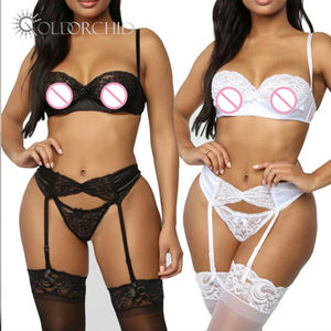 Set di Lingerie Sexy in Pizzo Bianco con Orchidea Dorata 'Ti Amo' in <span class=keywords><strong>3</strong></span> Pezzi, Vendita Calda - Product Image 6