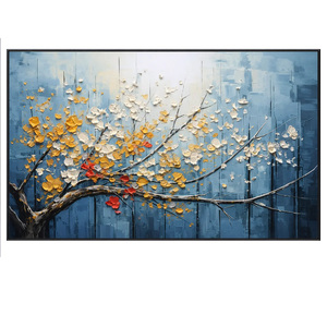 Peinture abstraite minimaliste bleue texturée, motif floral, grande peinture à l'huile peinte à la main sur toile avec <span class=keywords><strong>art</strong></span> mural texturé - Product Image 2