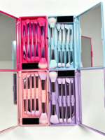 Ensemble de pinceaux de maquillage roses à double extrémité, 5 applicateurs cosmétiques avec miroir, étui compact et portable