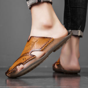Sandalias de Verano para Hombre, Pantuflas de Cuero Genuino, Punta Cerrada, Estilo <span class=keywords><strong>Playa</strong></span>, Diseño Repujado, Pantuflas de Exterior para Hombre 1869 - Product Image 4