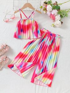 4-7Y abbigliamento estivo per <span class=keywords><strong>bambina</strong></span> bretelle colorate plissettate <span class=keywords><strong>pantaloni</strong></span> larghi 2 pezzi vestiti per bambini - Product Image 2
