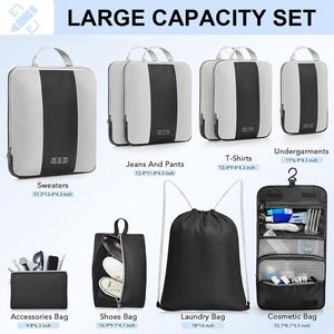 Lot de 10 cubes de compression noirs personnalisés, étanches, pour organiser les bagages de voyage avec design extensible - Product Image 2
