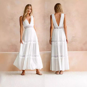 Vestido midi blanco de encaje con cuello en V y espalda descubierta, corte imperio, para mujer, ideal para bodas y fiestas nupciales. - Product Image 1