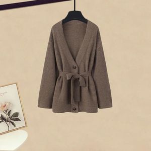 Mùa Đông Kích Thước Lớn Hai Mảnh Thiết Lập Của Phụ Nữ <span class=keywords><strong>Retro</strong></span> Dệt Kim Dài Ấm Áp Giản Dị Cardigan Rắn Màu HEM Chia Ăn Mặc - Product Image 4