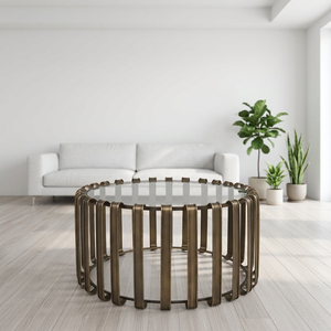Table basse ronde en laiton AK, finition antique, plateau en verre, mobilier traditionnel pour hôtel/chambre. - Product Image 3