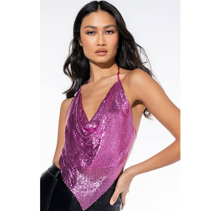 Fuchsia Backless Vest See Through Vrouwen Clubbing Crop Top Sexy Metalen Pailletten Chainmail Tops Voor Vrouwen