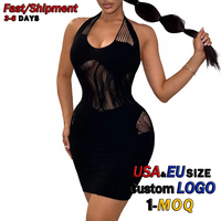 Robe mini moulante pour femme, style club, dos nu, taille empire, en maille ajourée rayée, sans manches, vente en gros