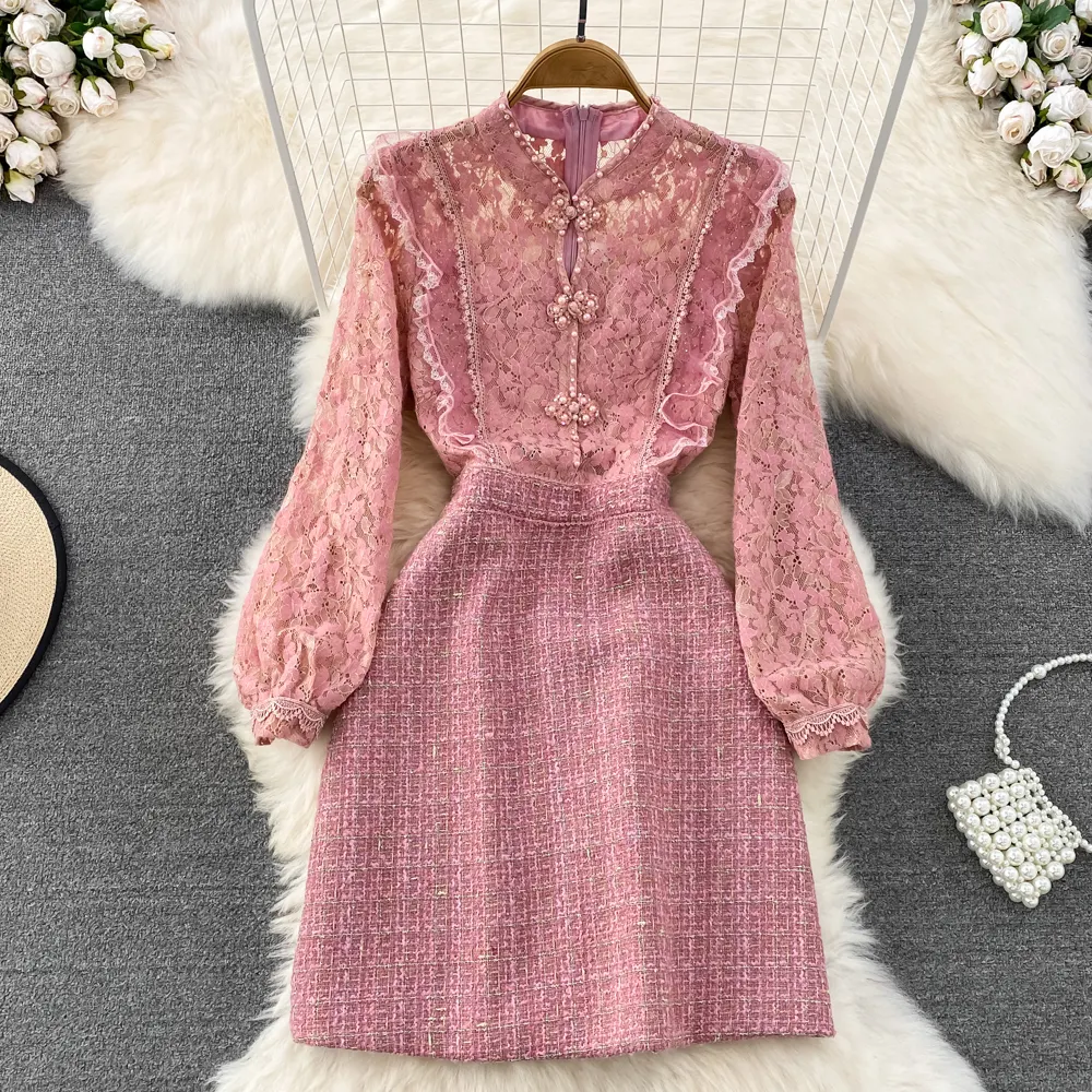 Großhandel Herbst und Winter Vintage chinesischen Stil Cheong sam Temperament Stand Kragen Rüschen Spitze Patchwork Tweed Kleid