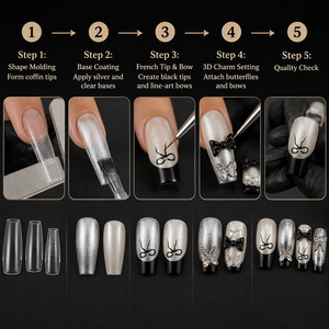 Hand Painted Black French Bow Dense Cat Eye Flash Zircon Rhinestone Sweet Cool White PMMA Almond Luxury Press on Nails Wholesale - Product Image 4