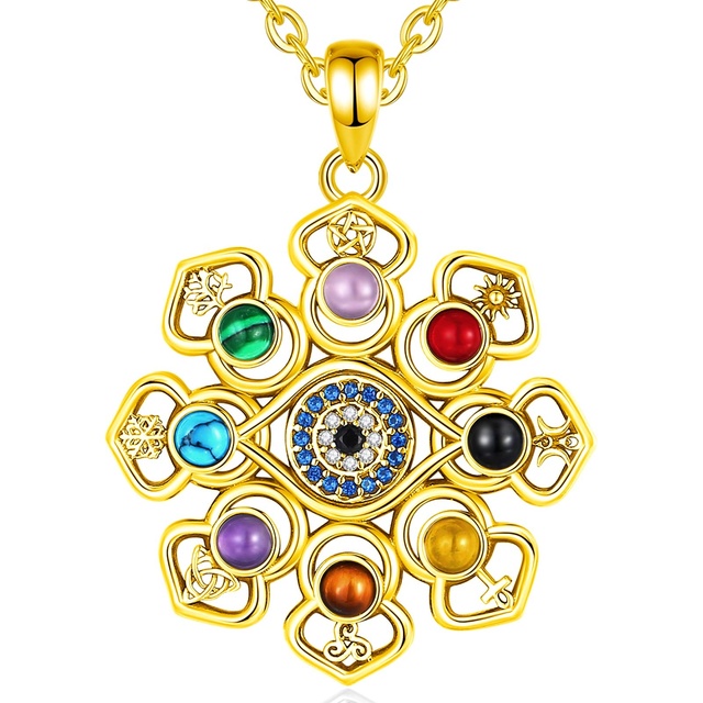925 Sterling Silver 18K Gold Plated Wicca Pagan Spiritual Jewelry Devil Eye Protection Amulet 7 Chakra Pendant Necklace