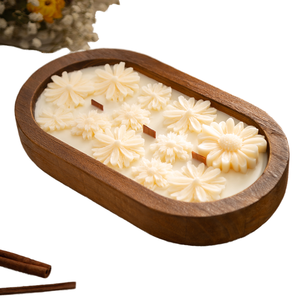 Bougie bateau décorative en bois 3 mèches bols à pâte ovales en bois Bougie plateau décoratif rustique - Product Image 2