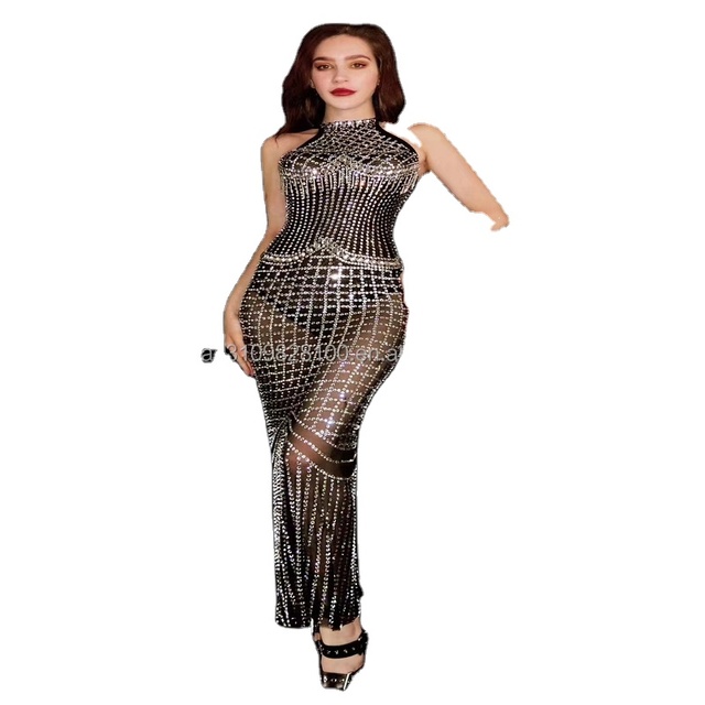 Sexy Backless Dress Advanced Flash Diamond Perspective Nightclub Performing Arts Female Singer Presided Over the Flower