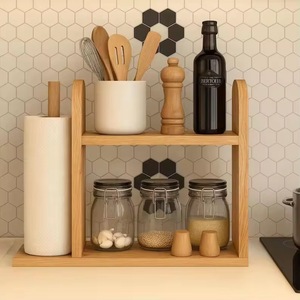 Wooden Kitchen Storage Rack Double Layer Organizer For Utensils Jars And <b>Paper</b> <b>Towel</b> Countertop <b>Holder</b> - Product Image 2