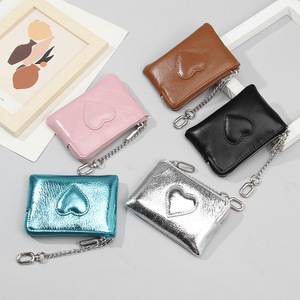 Genuine Leather Oil Wax Coin <b>Purse</b>, Metallic Silver Heart Pouch, OEM/ODM Custom Factory, Cute Keychain Bag - Product Image 2