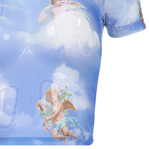 Top corto de malla sublimada, camiseta de Fitness Sexy de malla con estampado Digital, Top corto de cuello redondo de estilo caliente, camiseta transparente de malla sublimada - Product Image 4