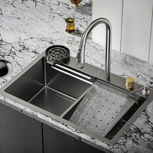 Évier de cuisine à une cuvette en acier inoxydable avec robinet de rinçage en <span class=keywords><strong>verre</strong></span> carré à double cascade fait à la main sans robinet - Product Image 3