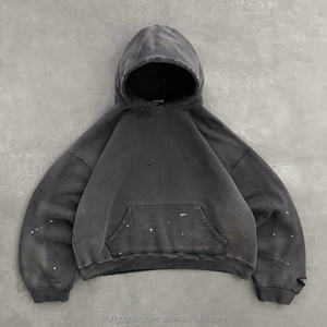 メーカー直販 高品質 カスタム プルオーバー アシッドウォッシュ 無地 フレンチテリーコットン ヘビーウェイト サンフェード ボクシー クロップド丈 メンズパーカー - Product Image 1