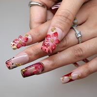 Offre Spéciale – Ongles à Presser en Acrylique Carrés, Imprimé Animal Rose Rouge, Fleur Rouge 3D, Perles Dorées, Style Hot-girl – Vente en Gros