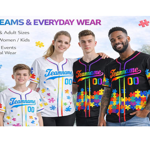 Op maat gemaakte baseballtrui met aangepast logo voor volwassenen en jongeren, autisme bewustzijn, puzzelstukjes design, knoopsluiting, softbal team shirts - Product Image 3
