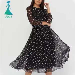 Tren Fashion Gaun Polka Dot Wanita Gaun Lengan Panjang Sifon Kasual Musim Panas Gaun Midi Hitam Sifon Titik