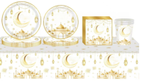Ensemble de nappes en or blanc pour l'Aïd Moubarak - Motif croissant et lanterne, assiettes, tasses, serviettes, ustensiles pour la fête islamique