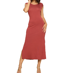 Produttore di Abbigliamento OEM Personalizzato con Basso MOQ, Abiti Midi Casual Semplici in Cotone con Collo a Barchetta, Maniche Corte e Spacchi Laterali per Signore - Product Image 2