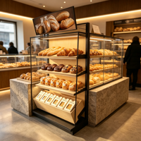 Étagère murale de présentation pour boulangerie commerciale, en acier et bois, armoire latérale pour pain, présentoir multi-compartiments pour pain emballé et en-cas