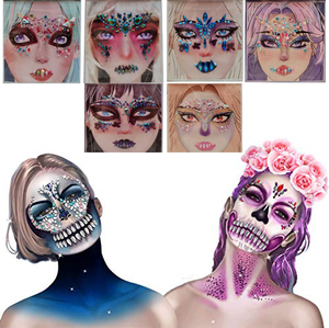 Autocollants de tatouage réalistes en strass pour le visage entier, décalcomanies temporaires, crâne, fantaisie, maquillage de fête cosplay, bijoux de visage scintillants - Product Image 1