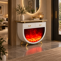 Console de cheminée électrique de luxe semi-circulaire avec dessus en pierre, flamme LED 7 couleurs et tiroirs