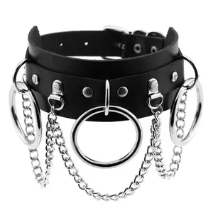 Colar bdsm escravo anel de couro, feminino, punk, com 3 anéis grandes, gargantilha e corrente