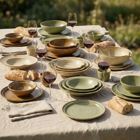 Service de vaisselle en céramique verte vintage, bols à salade, tasses à café et assiettes pour restaurant, assiettes à soupe en céramique pour hôtel