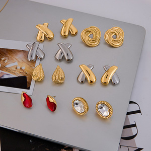 <b>Stud</b> <b>Earrings</b> Set Geometric Design Stainless Steel Zircon Bezel Setting Everyday Wear Women's Jewelry - Product Image 2