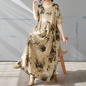 2025 Boho Chic coton <span class=keywords><strong>Maxu</strong></span> robe imprimé fleuri col rond robe taille unique a-ligne balançoire robe pour le bureau d'été et les vacances - Product Image 4