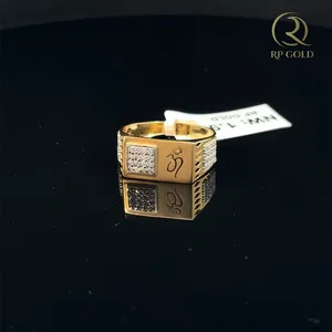 <b>Mens</b> gold <b>ring</b> with om design and diamond studded square face stylish traditional jewelry for daily wear and gifting - Product Image 1