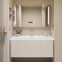 Nouvelle vasque de salle de bain murale en PVC blanc de style européen, étanche, avec miroir avec bande lumineuse LED et lavabo