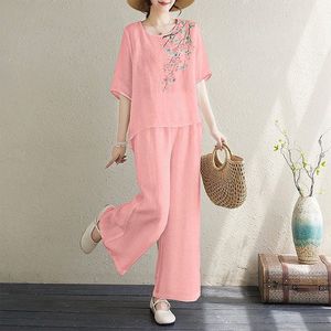 Traditional Chinese Style Women's Cotton Linen Two Piece Set Embroidered Top And Wide Leg Pants Casual Summer Outfit - Product Image 2