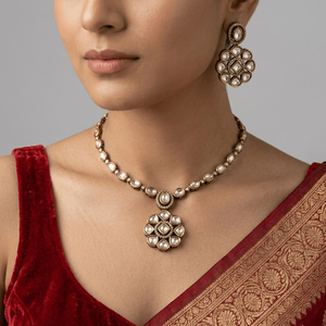 Elegant Brass Gold Plated Kundan Polki Floral Pendant Necklace Set <b>Rope</b> Matching Drop Earrings Traditional Indian Bridal Party - Product Image 2