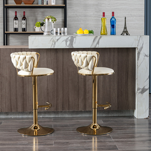 Set of 2 Modern <b>Bar</b> <b>Stools</b> Chrome Metal Base Swivel Height <b>Adjustable</b> Velvet Seat with Golden Legs Dining/Living Room PU Leather - Product Image 3